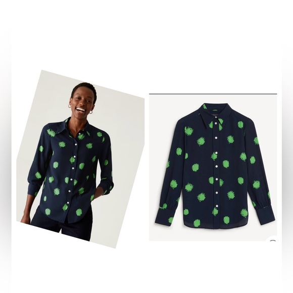 Marks & Spencer Navy Blue with Green Button Down Long Sleeves Blouse  size 12 - Picture 1 of 12